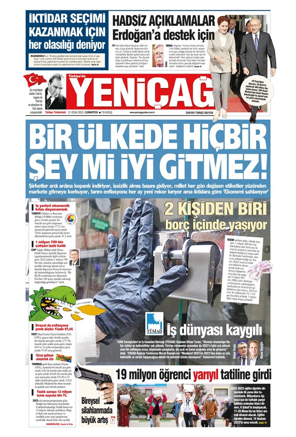 Yeniçağ Gazetesi 21 Ocak 2023, Cumartesi Günü Manşeti