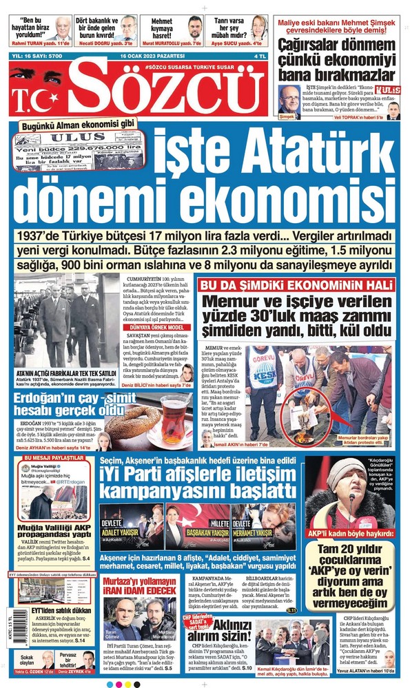 Sözcü Gazetesi 16 Ocak 2023, Pazartesi Günü Manşeti