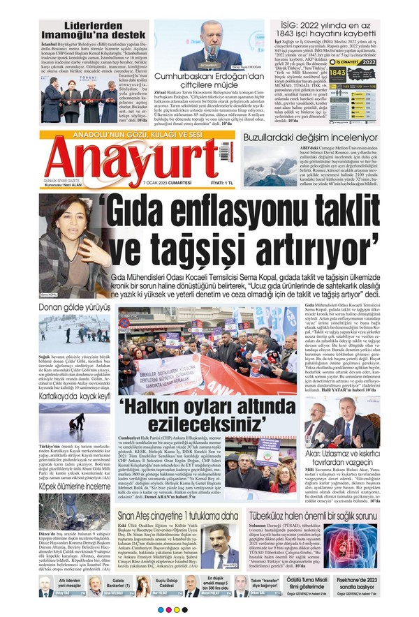 Anayurt Gazetesi 7 Ocak 2023, Cumartesi Günü Manşeti