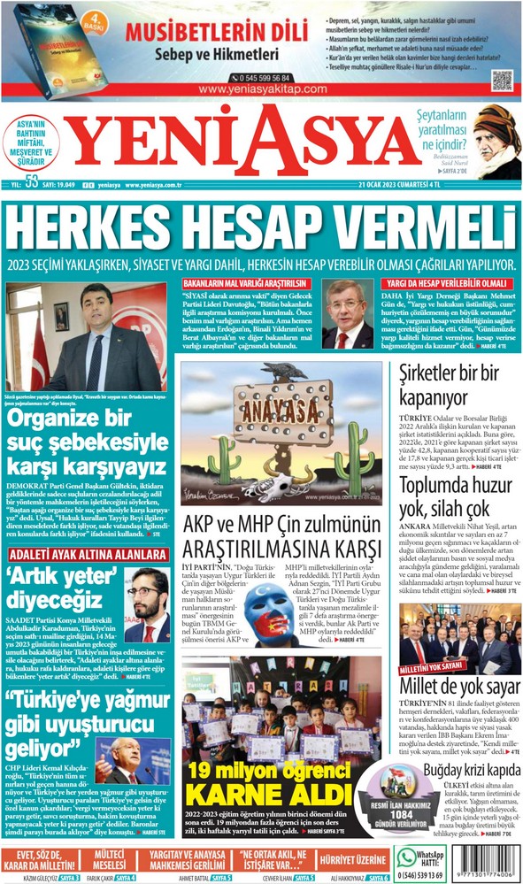 Yeni Asya Gazetesi 21 Ocak 2023, Cumartesi Günü Manşeti