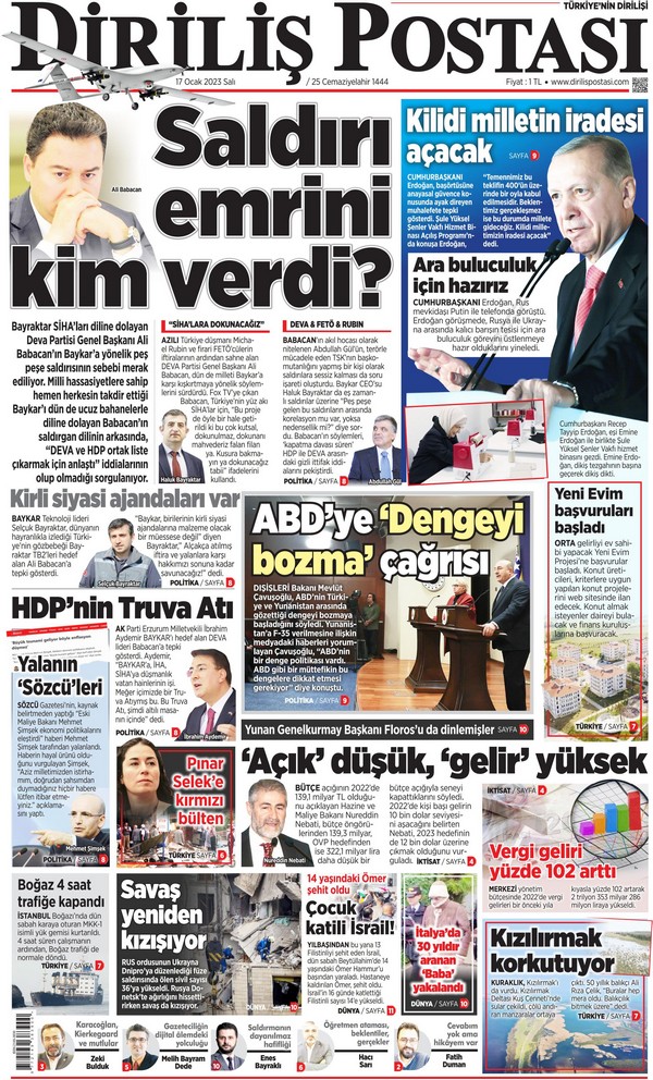 Diriliş Postası Gazetesi 17 Ocak 2023, Salı Günü Manşeti