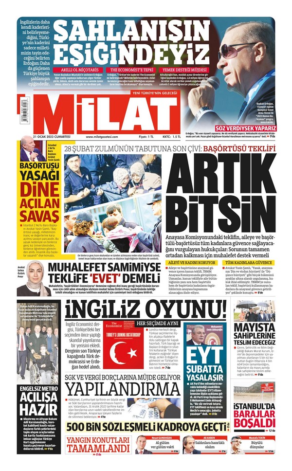 Milat Gazetesi 21 Ocak 2023, Cumartesi Günü Manşeti