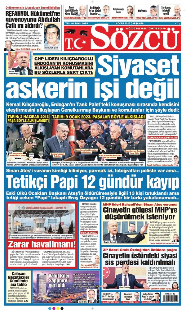 Sözcü Gazetesi 11 Ocak 2023, Çarşamba Günü Manşeti