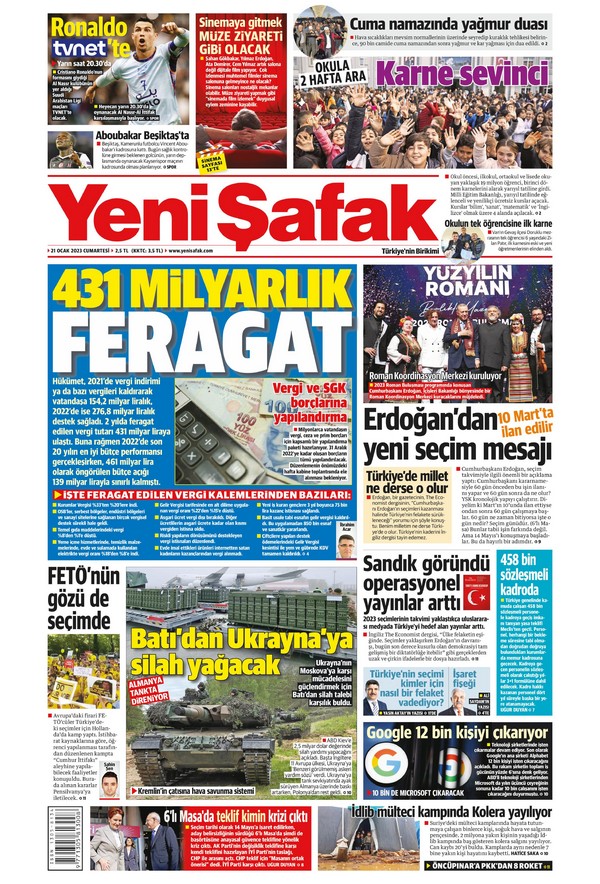 Yeni Şafak Gazetesi 21 Ocak 2023, Cumartesi Günü Manşeti