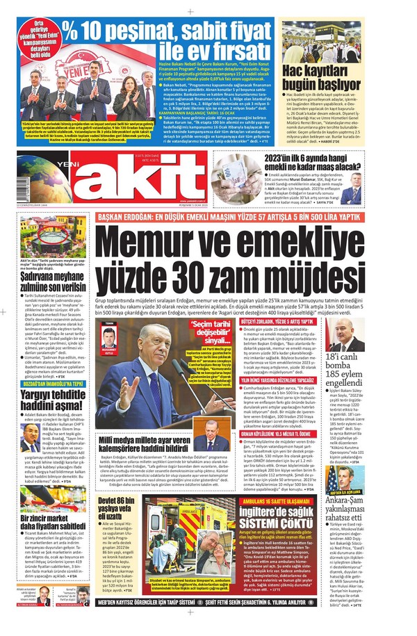 Yeni Akit Gazetesi 5 Ocak 2023, Perşembe Günü Manşeti