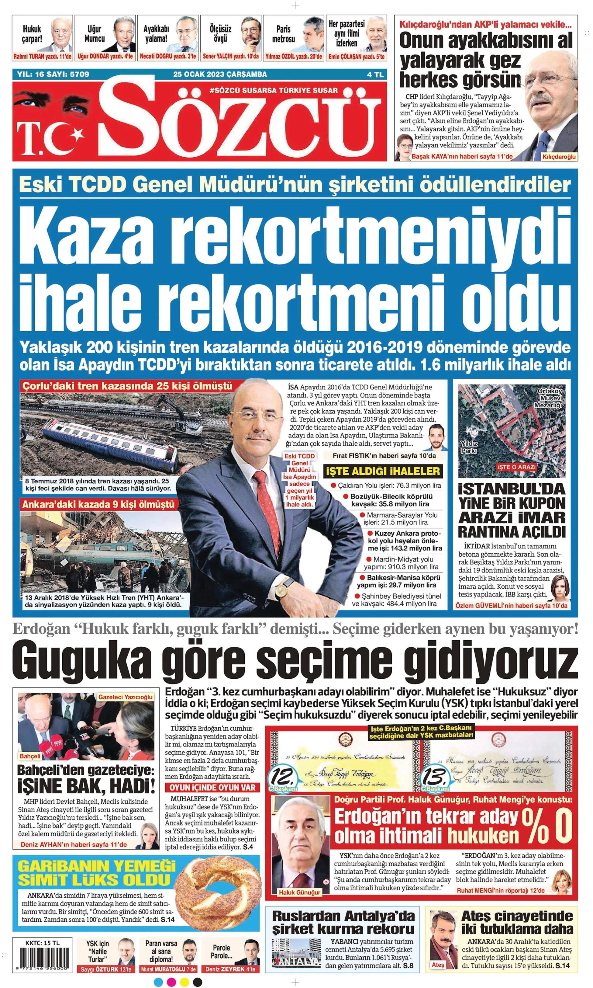 Sözcü Gazetesi 25 Ocak 2023, Çarşamba Günü Manşeti