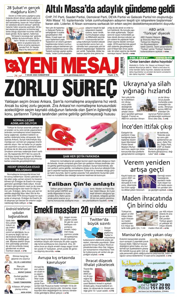 Yeni Mesaj Gazetesi 7 Ocak 2023, Cumartesi Günü Manşeti