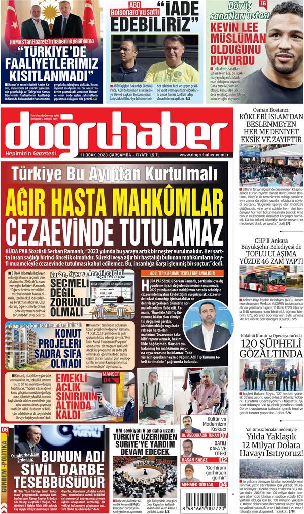 Doğruhaber Gazetesi 11 Ocak 2023, Çarşamba Günü Manşeti