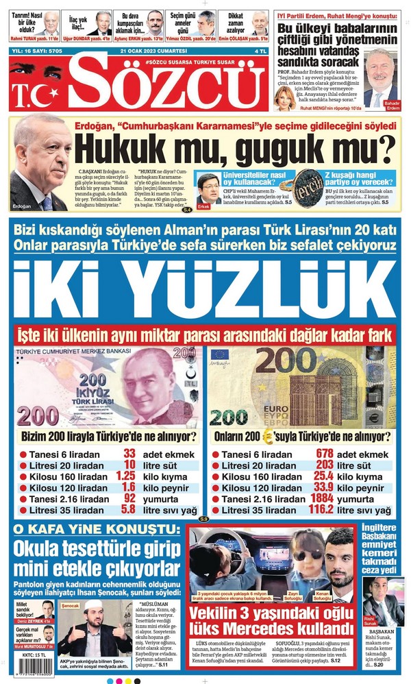 Sözcü Gazetesi 21 Ocak 2023, Cumartesi Günü Manşeti