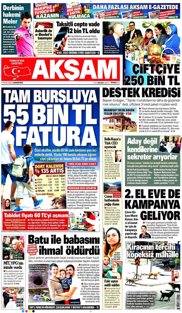 Akşam Gazetesi 7 Ocak 2023, Cumartesi Günü Manşeti