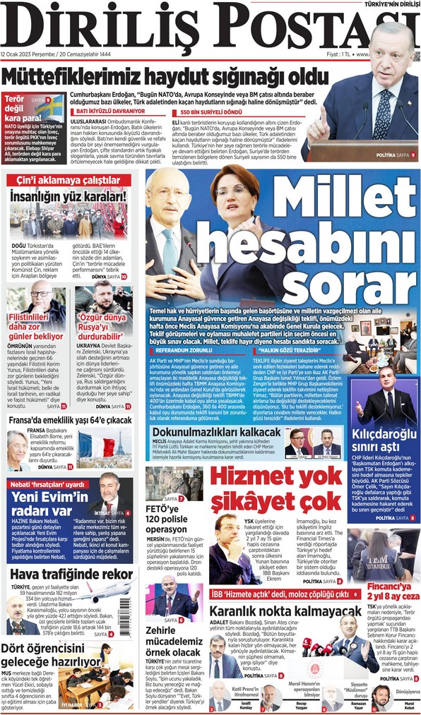 Diriliş Postası  Gazetesi 12 Ocak 2023, Perşembe Günü Manşeti