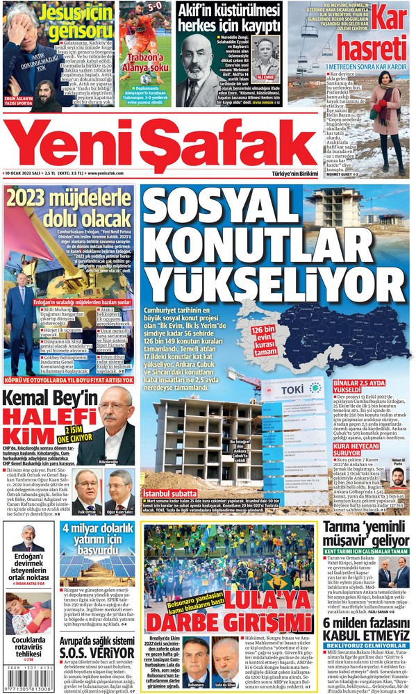 Yeni Şafak Gazetesi 10 Ocak 2023, Salı Günü Manşeti