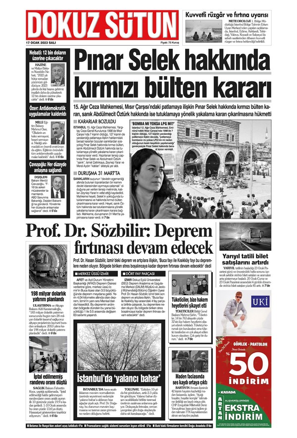 Dokuz Sütun Gazetesi 17 Ocak 2023, Salı Günü Manşeti