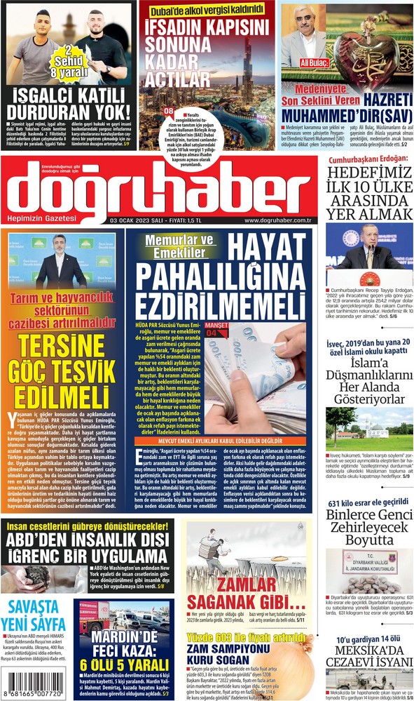 Doğruhaber Gazetesi 3 Ocak 2023, Salı Günü Manşeti