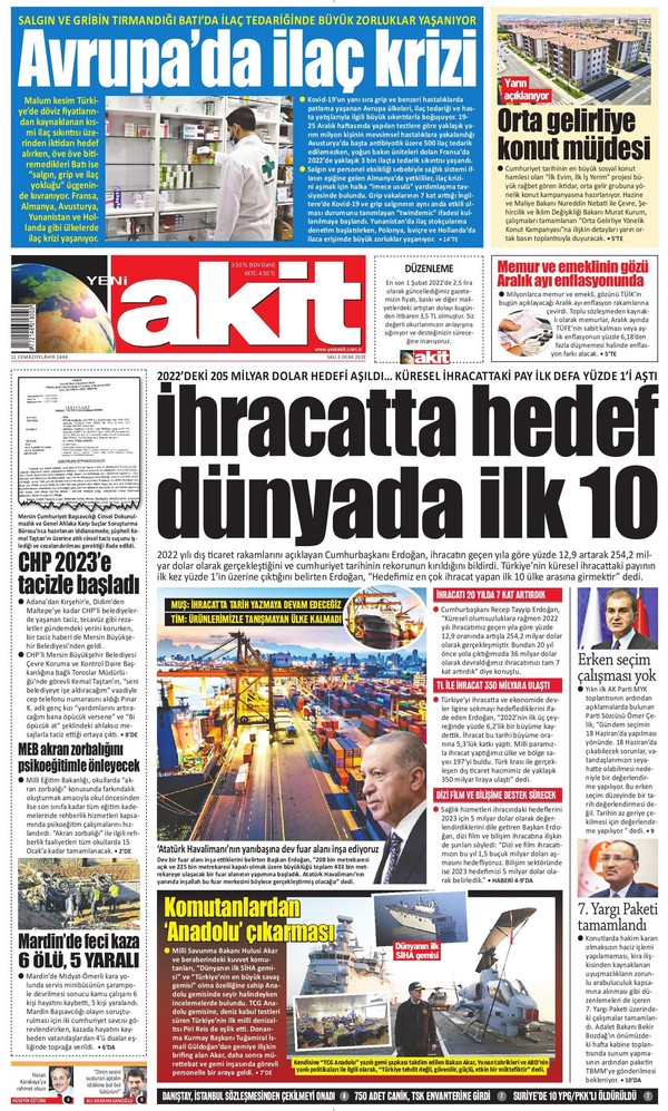 Yeni Akit Gazetesi 3 Ocak 2023, Salı Günü Manşeti