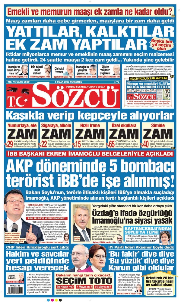 Sözcü Gazetesi 5 Ocak 2023, Perşembe Günü Manşeti