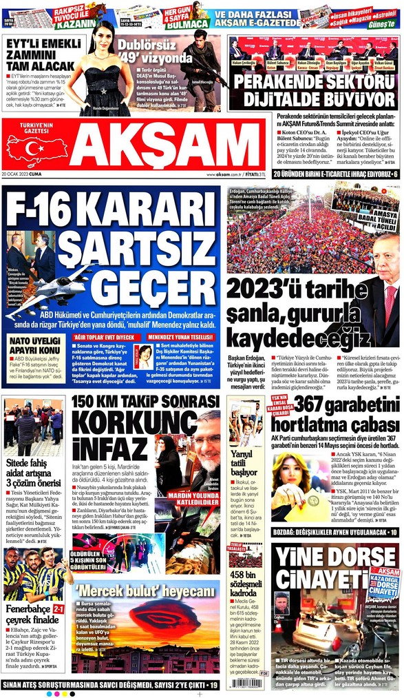 Akşam Gazetesi 20 Ocak 2023, Cuma Günü Manşeti