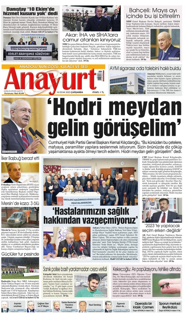 Anayurt Gazetesi 18 Ocak 2023, Çarşamba Günü Manşeti