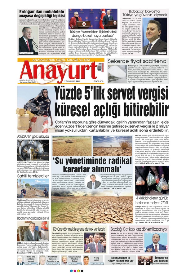 Anayurt Gazetesi 17 Ocak 2023, Salı Günü Manşeti