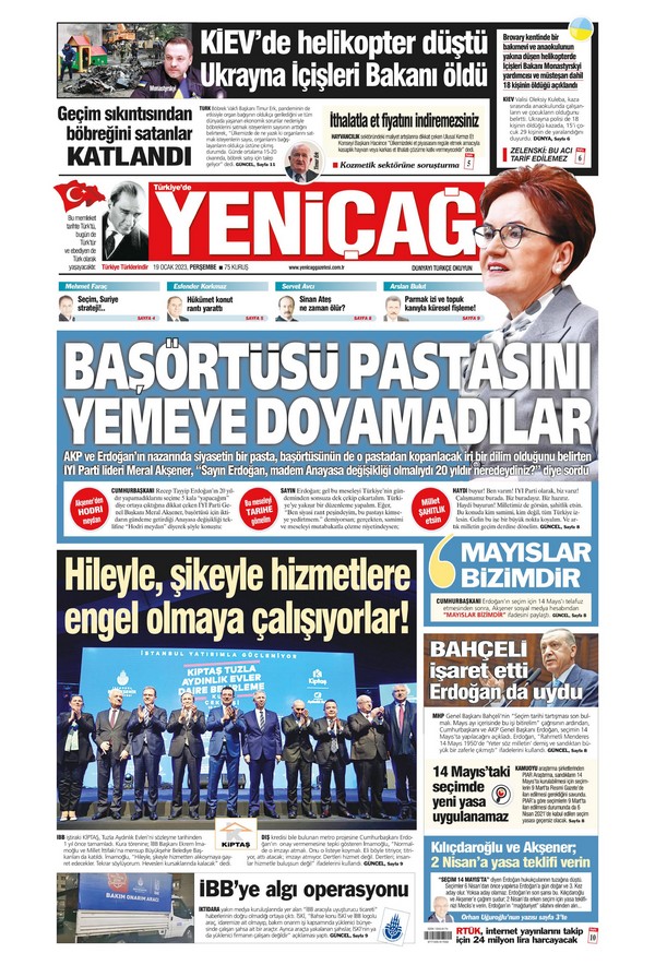 Yeniçağ Gazetesi 19 Ocak 2023, Perşembe Günü Manşeti