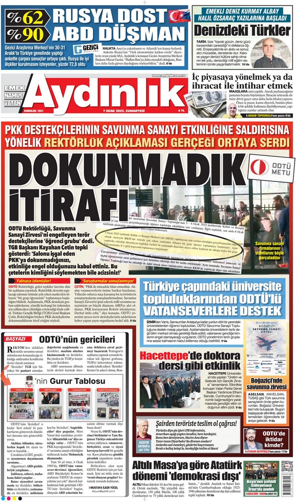 Aydınlık Gazetesi 7 Ocak 2023, Cumartesi Günü Manşeti