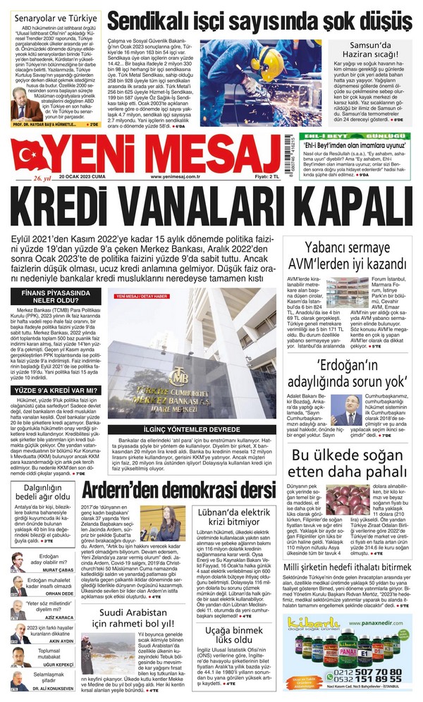 Yeni Mesaj Gazetesi 20 Ocak 2023, Cuma Günü Manşeti