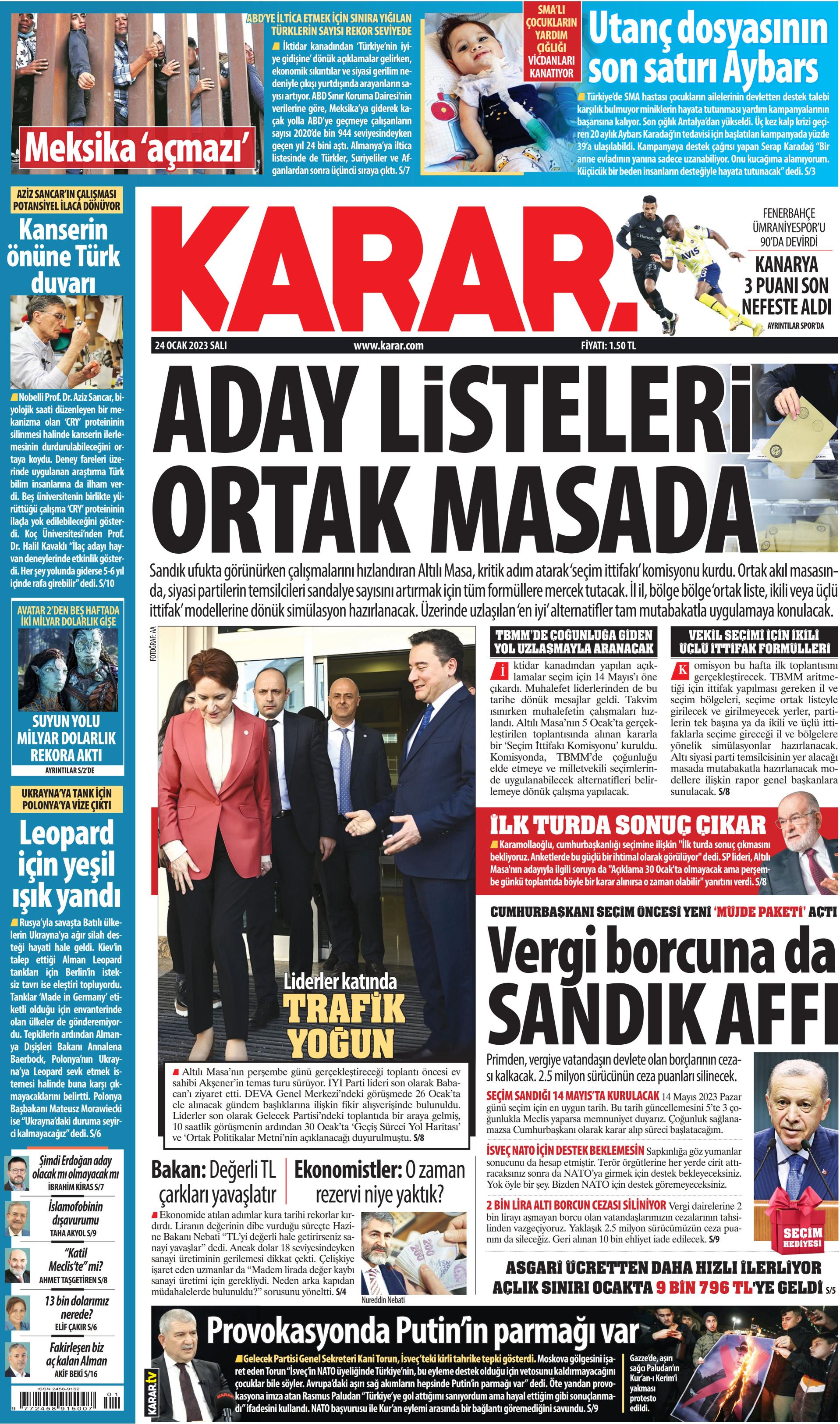 Karar Gazetesi 24 Ocak 2023, Salı Günü Manşeti