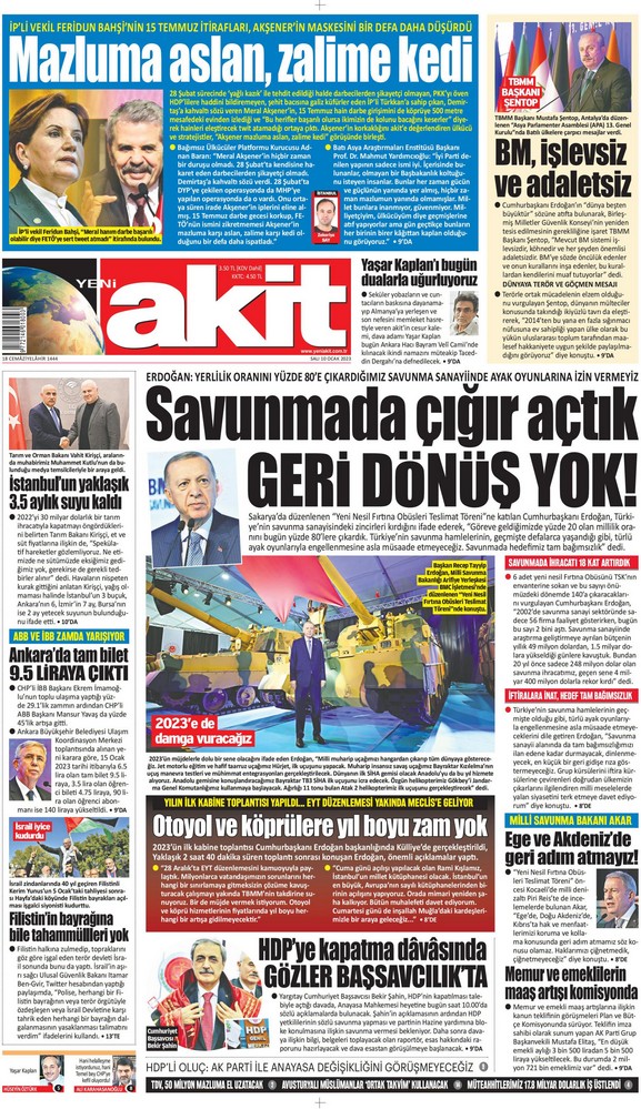 Yeni Akit Gazetesi 10 Ocak 2023, Salı Günü Manşeti