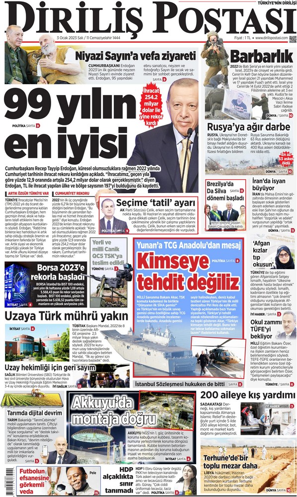 Diriliş Postası Gazetesi 3 Ocak 2023, Salı Günü Manşeti