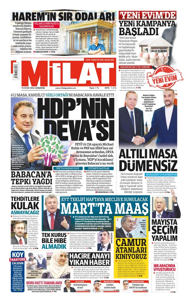 Milat Gazetesi 18 Ocak 2023, Çarşamba Günü Manşeti