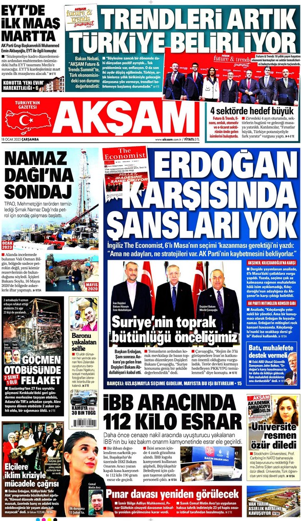 Akşam Gazetesi 18 Ocak 2023, Çarşamba Günü Manşeti