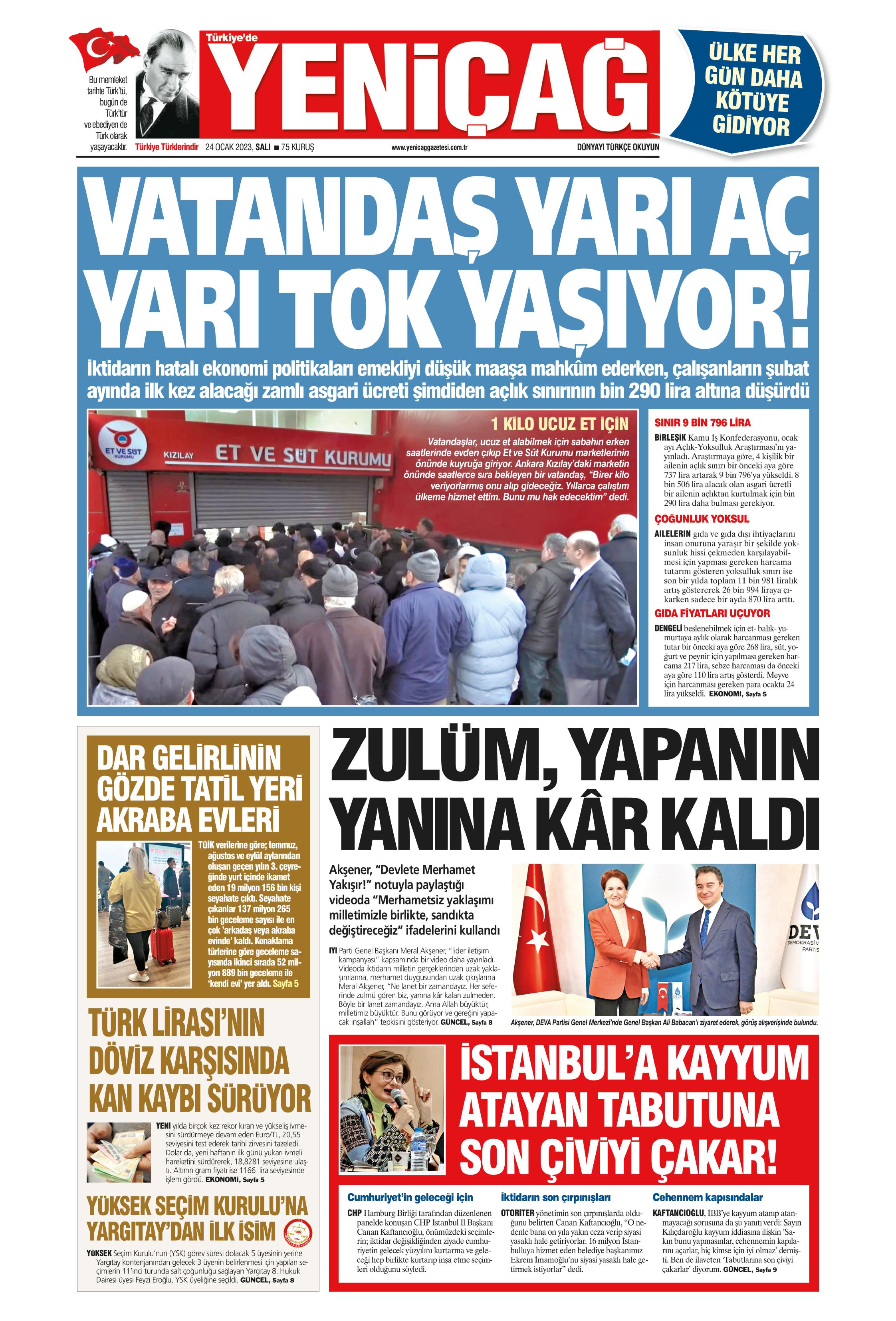 Yeniçağ Gazetesi 24 Ocak 2023, Salı Günü Manşeti