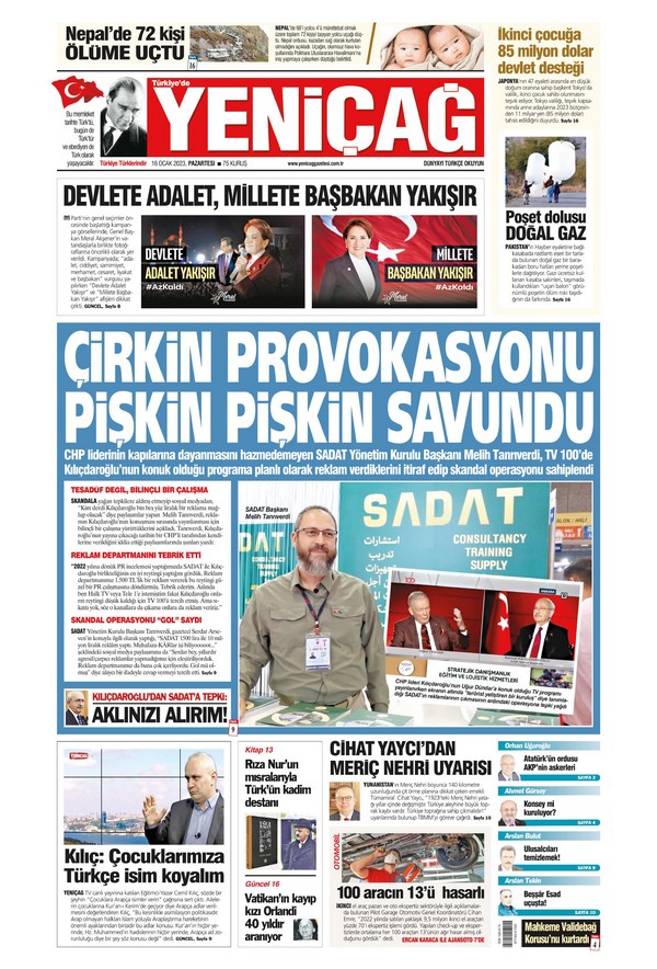 Yeniçağ Gazetesi 16 Ocak 2023, Pazartesi Günü Manşeti