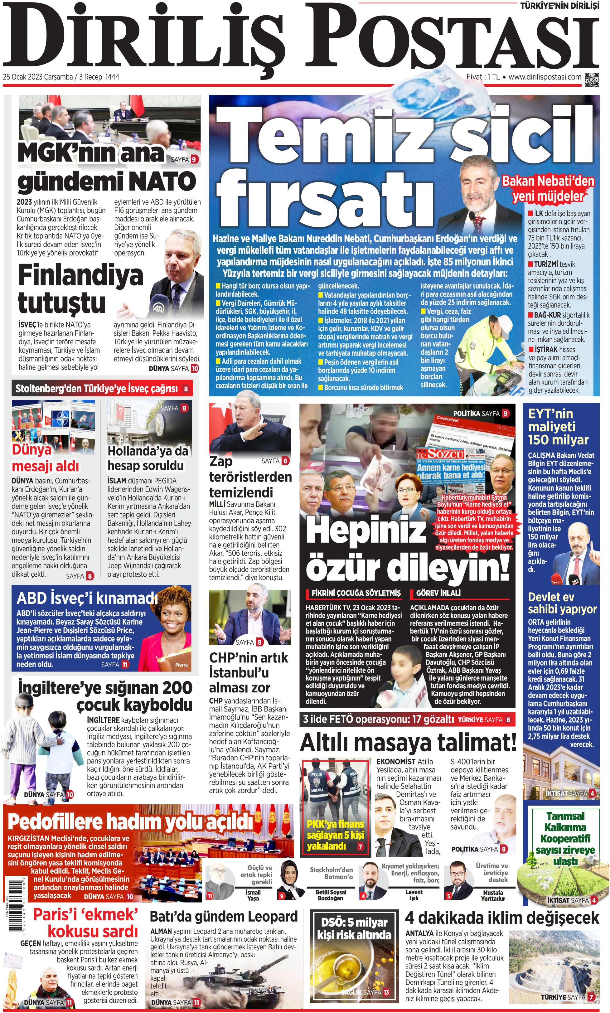 Diriliş Postası Gazetesi 25 Ocak 2023, Çarşamba Günü Manşeti