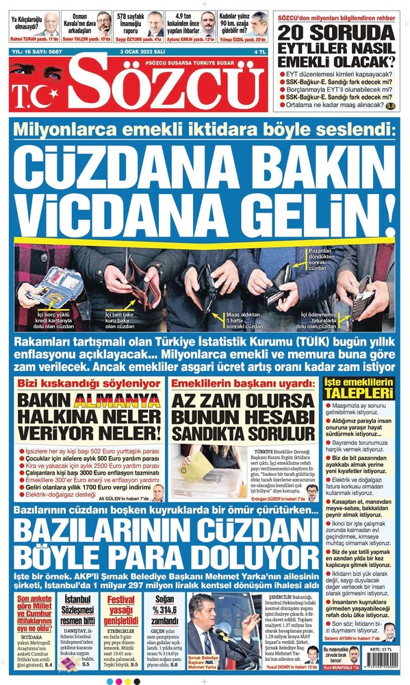 Sözcü Gazetesi 3 Ocak 2023, Salı Günü Manşeti