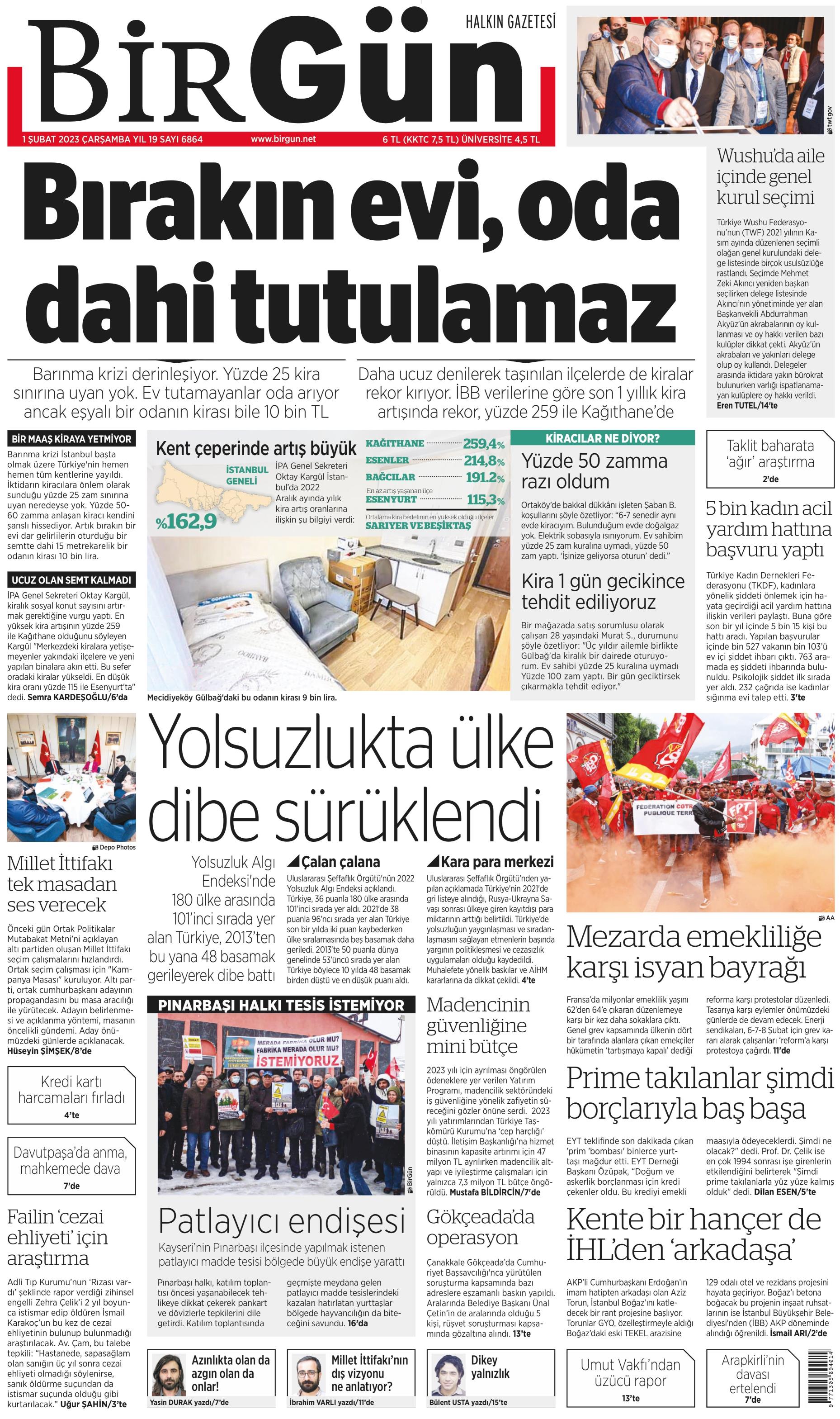 Birgün Gazetesi 1 Şubat 2023, Çarşamba Günü Manşeti