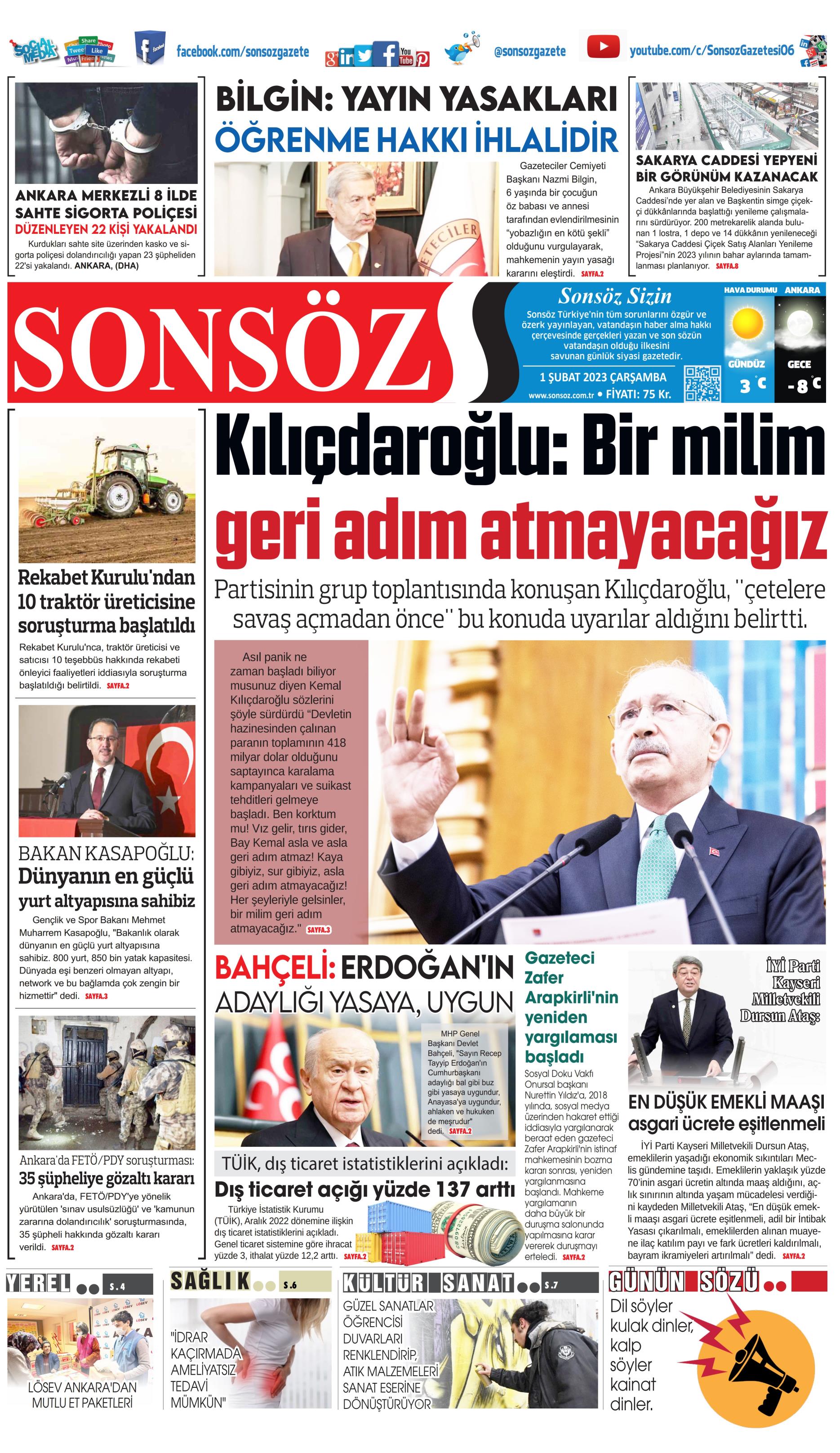 Sonsöz Gazetesi 1 Şubat 2023, Çarşamba Günü Manşeti