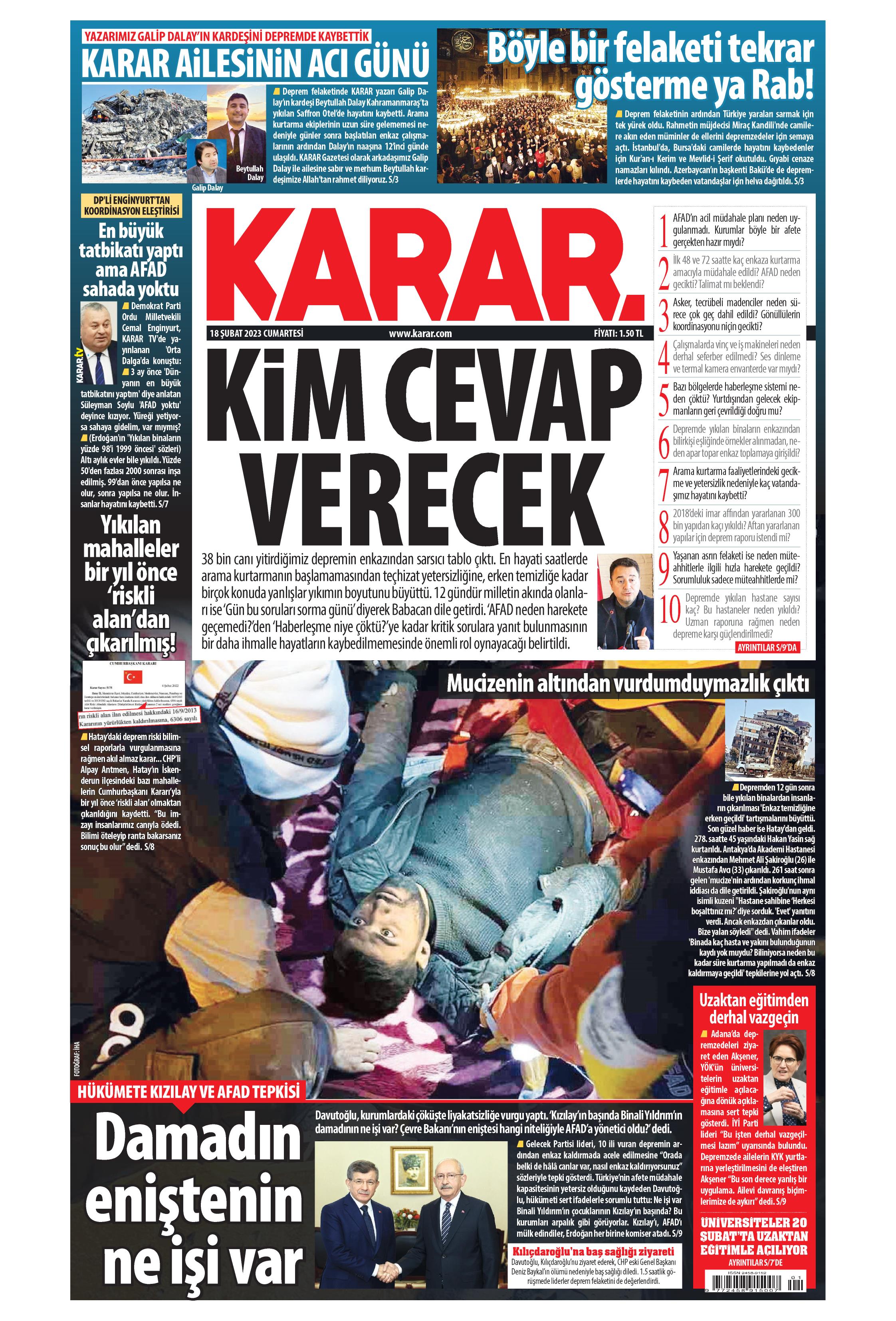 Karar Gazetesi 18 Şubat 2023, Cumartesi Günü Manşeti