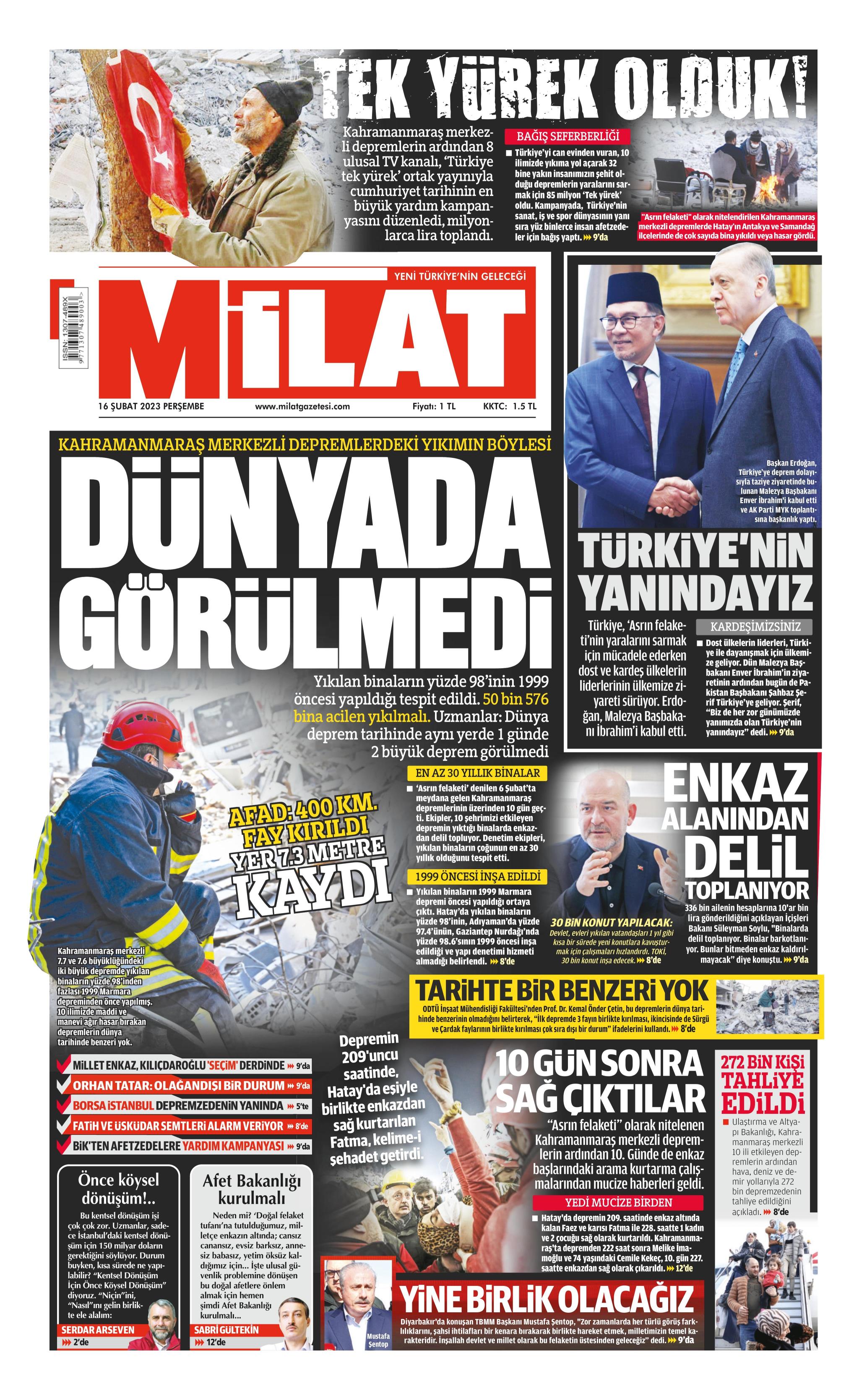 Milat Gazetesi 16 Şubat 2023, Perşembe Günü Manşeti