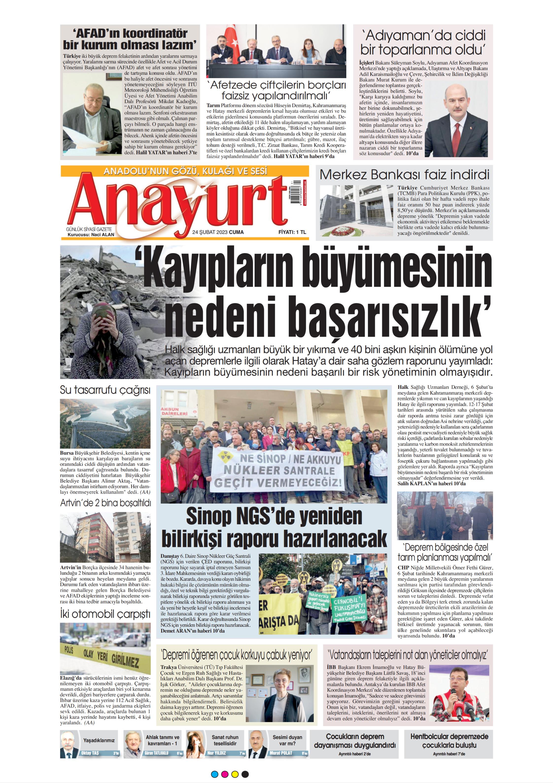 Anayurt Gazetesi 24 Şubat 2023, Cuma Günü Manşeti