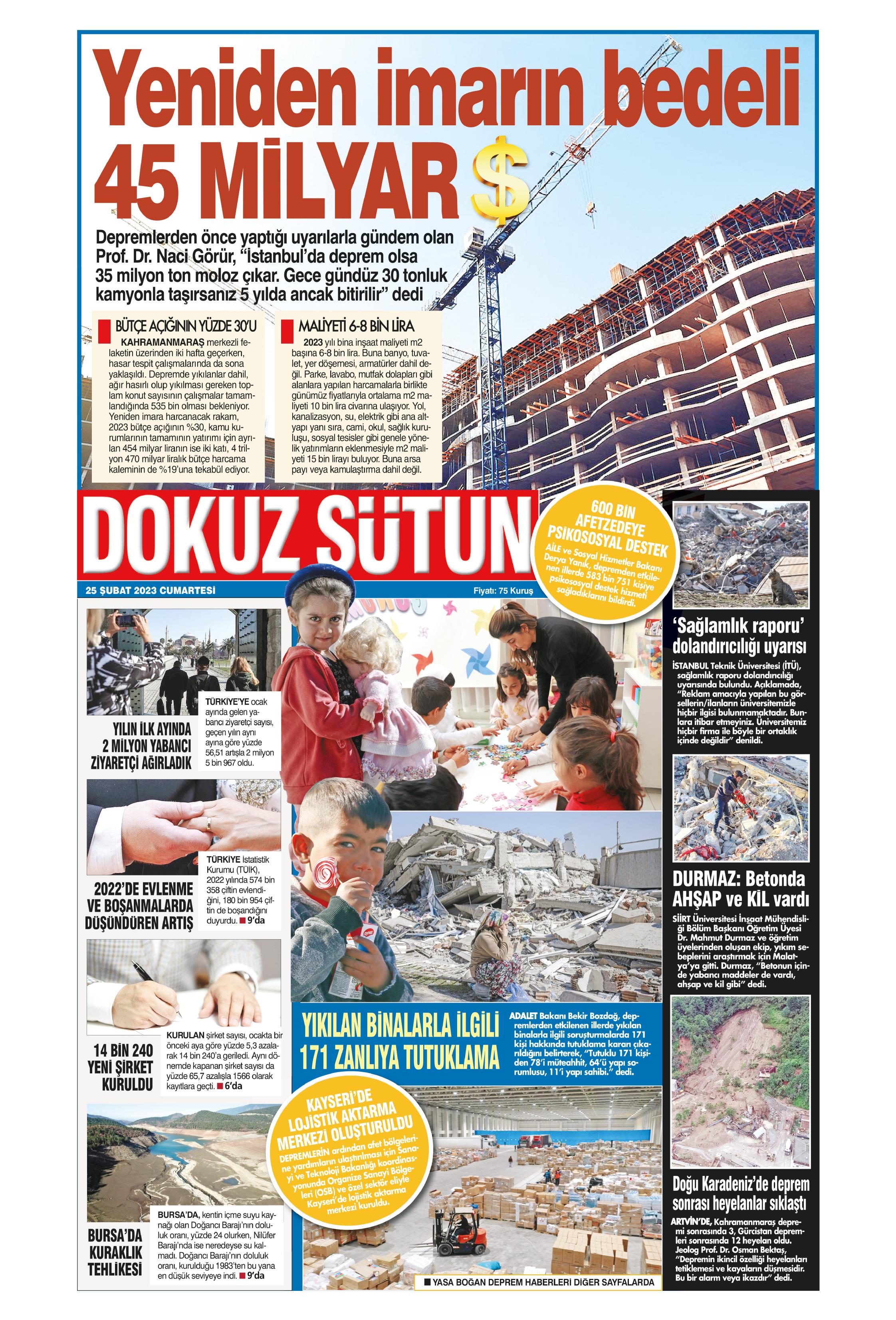 Dokuz Sütun Gazetesi 25 Şubat 2023, Cumartesi Günü Manşeti