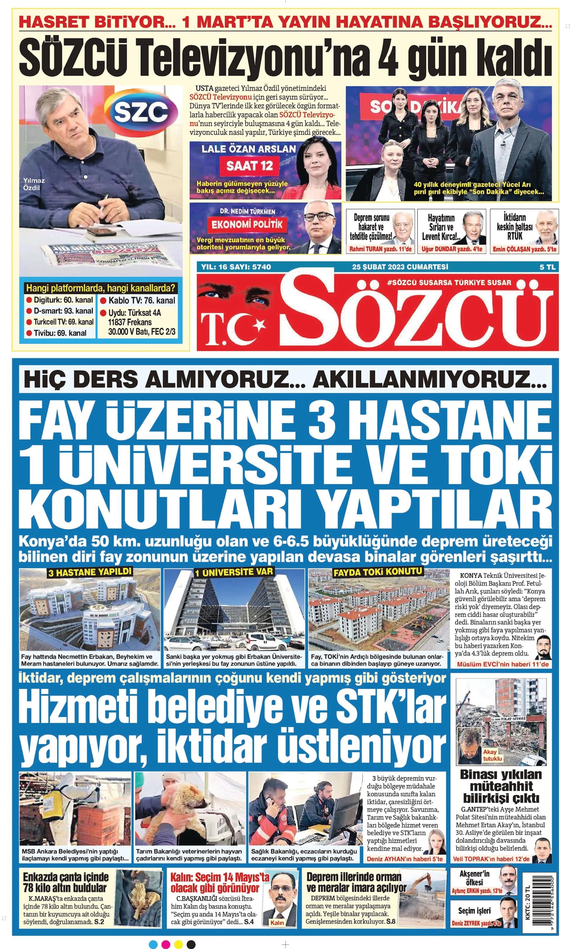 Sözcü Gazetesi 25 Şubat 2023, Cumartesi Günü Manşeti