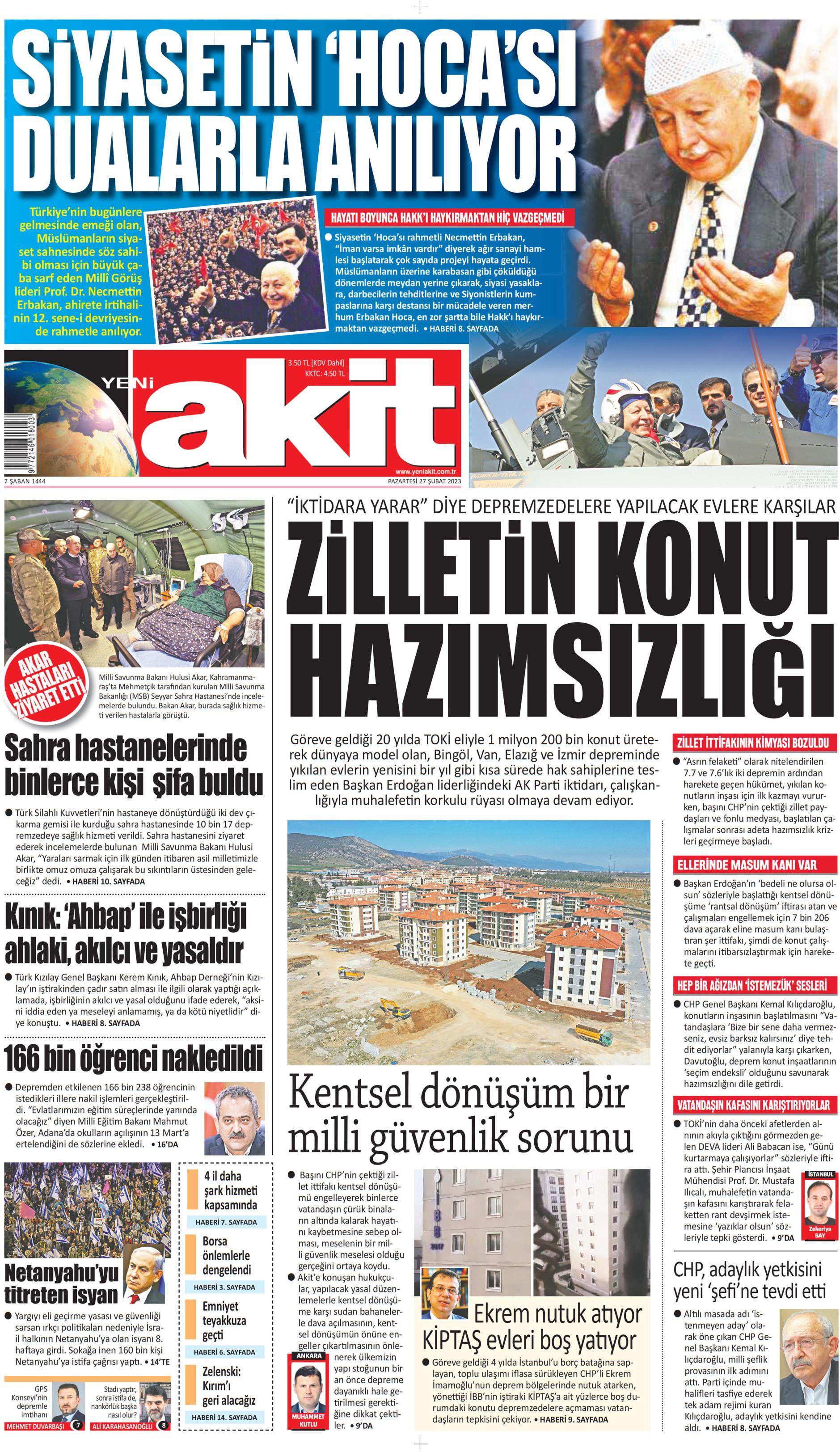 Yeni Akit Gazetesi 27 Şubat 2023, Pazartesi Günü Manşeti