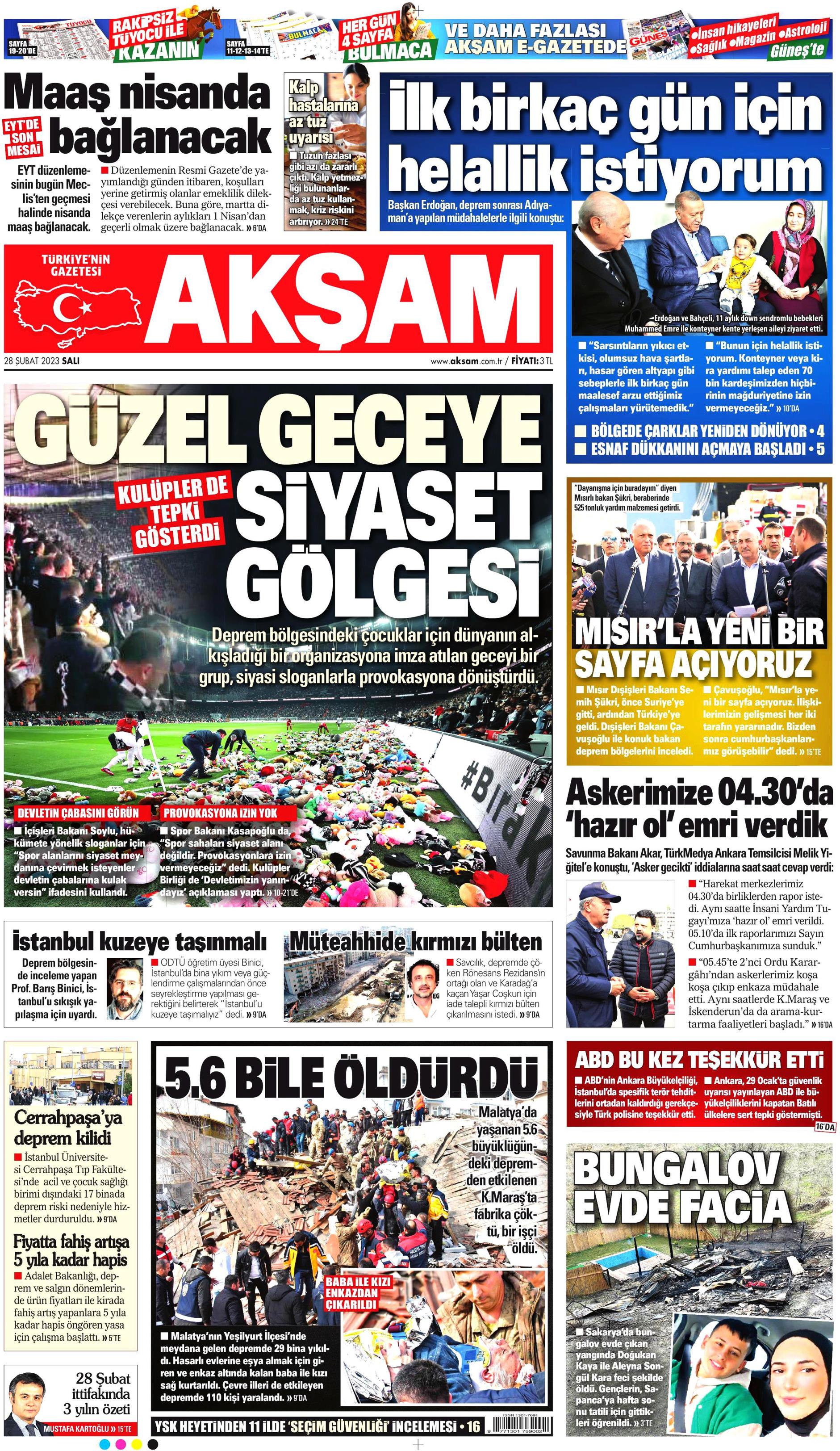 Akşam Gazetesi 28 Şubat 2023, Salı Günü Manşeti