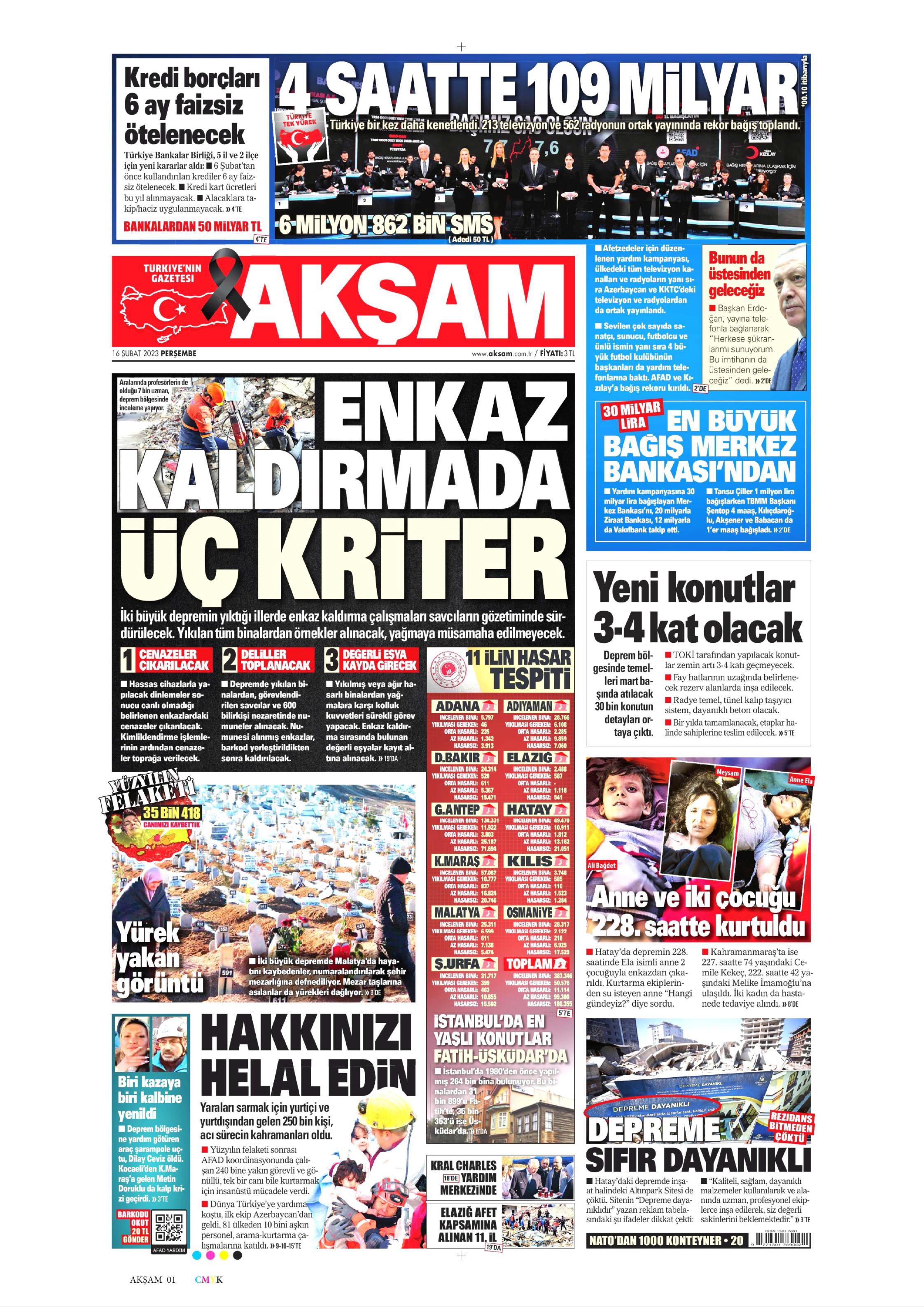 Akşam Gazetesi 16 Şubat 2023, Perşembe Günü Manşeti