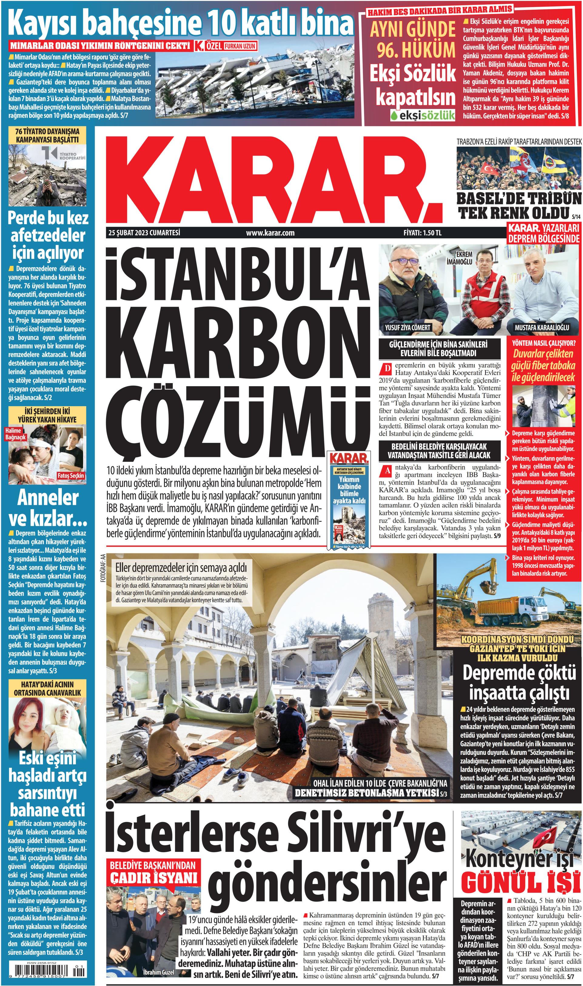 Karar Gazetesi 25 Şubat 2023, Cumartesi Günü Manşeti