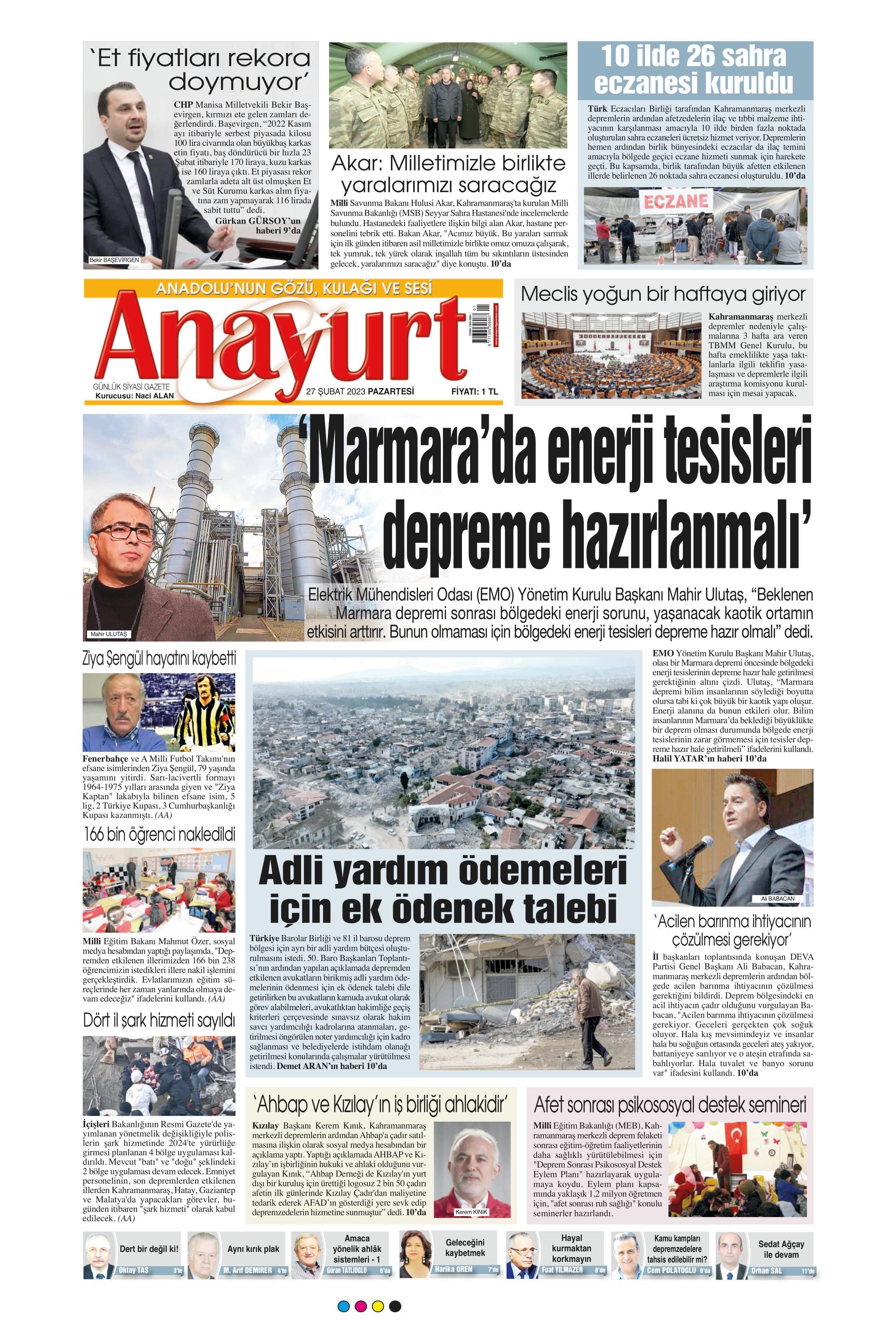 Anayurt Gazetesi 27 Şubat 2023, Pazartesi Günü Manşeti