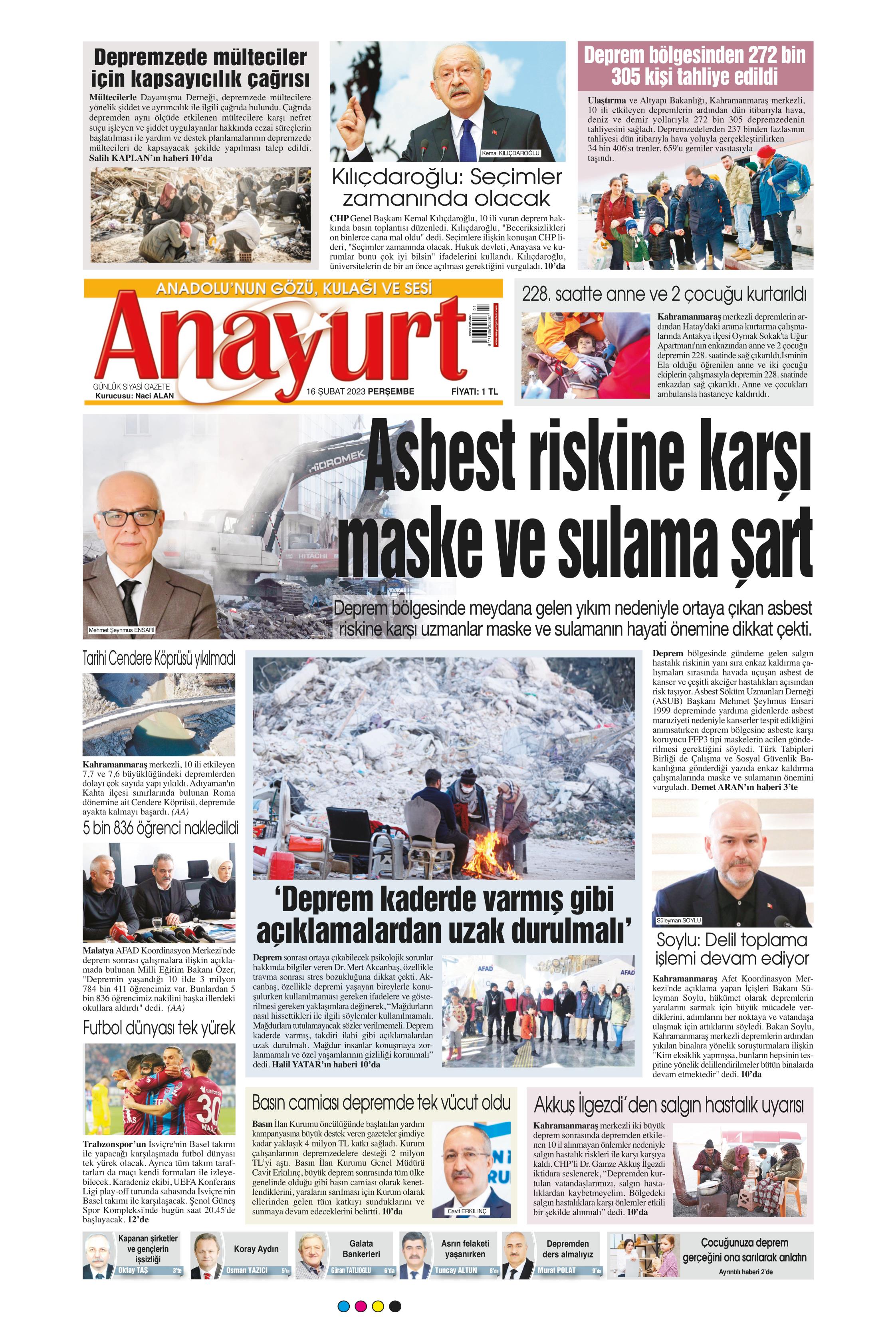 Anayurt Gazetesi 16 Şubat 2023, Perşembe Günü Manşeti