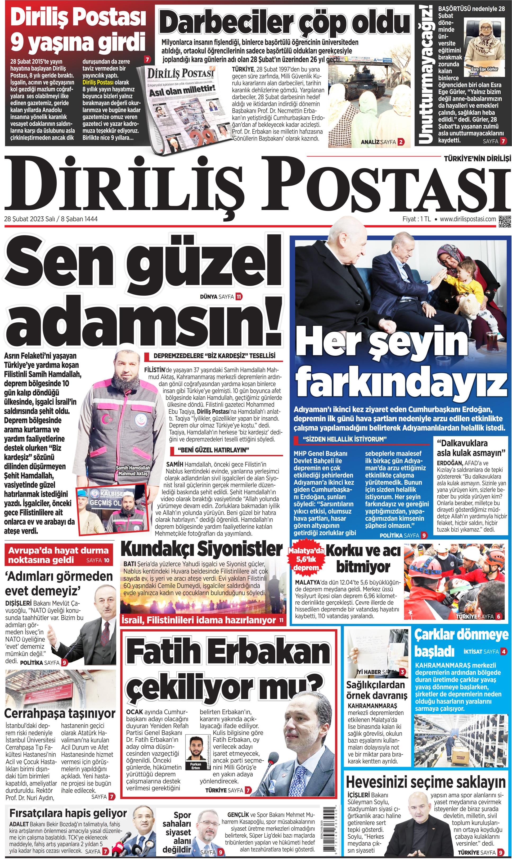 Diriliş Postası Gazetesi 28 Şubat 2023, Salı Günü Manşeti