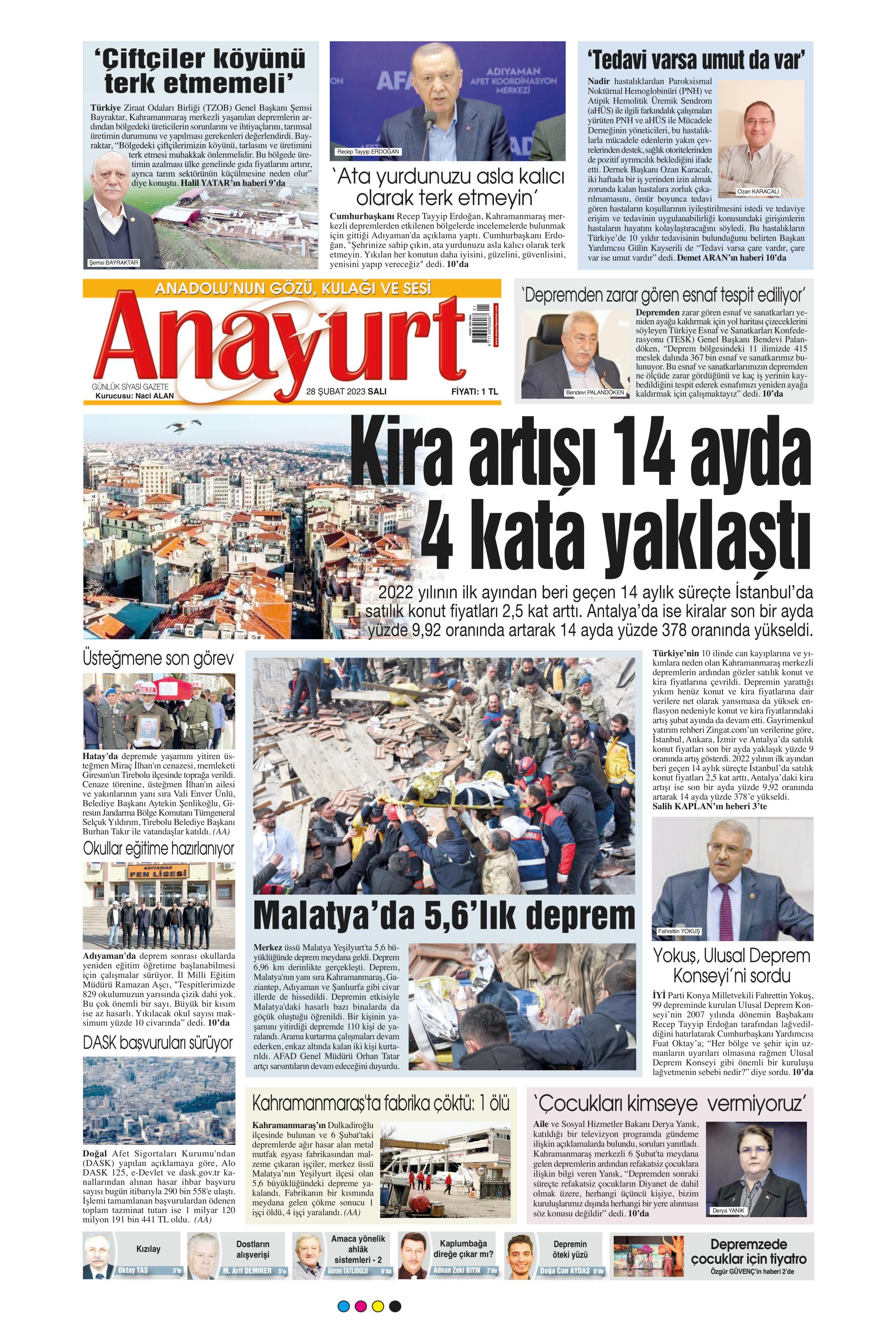 Anayurt Gazetesi 28 Şubat 2023, Salı Günü Manşeti